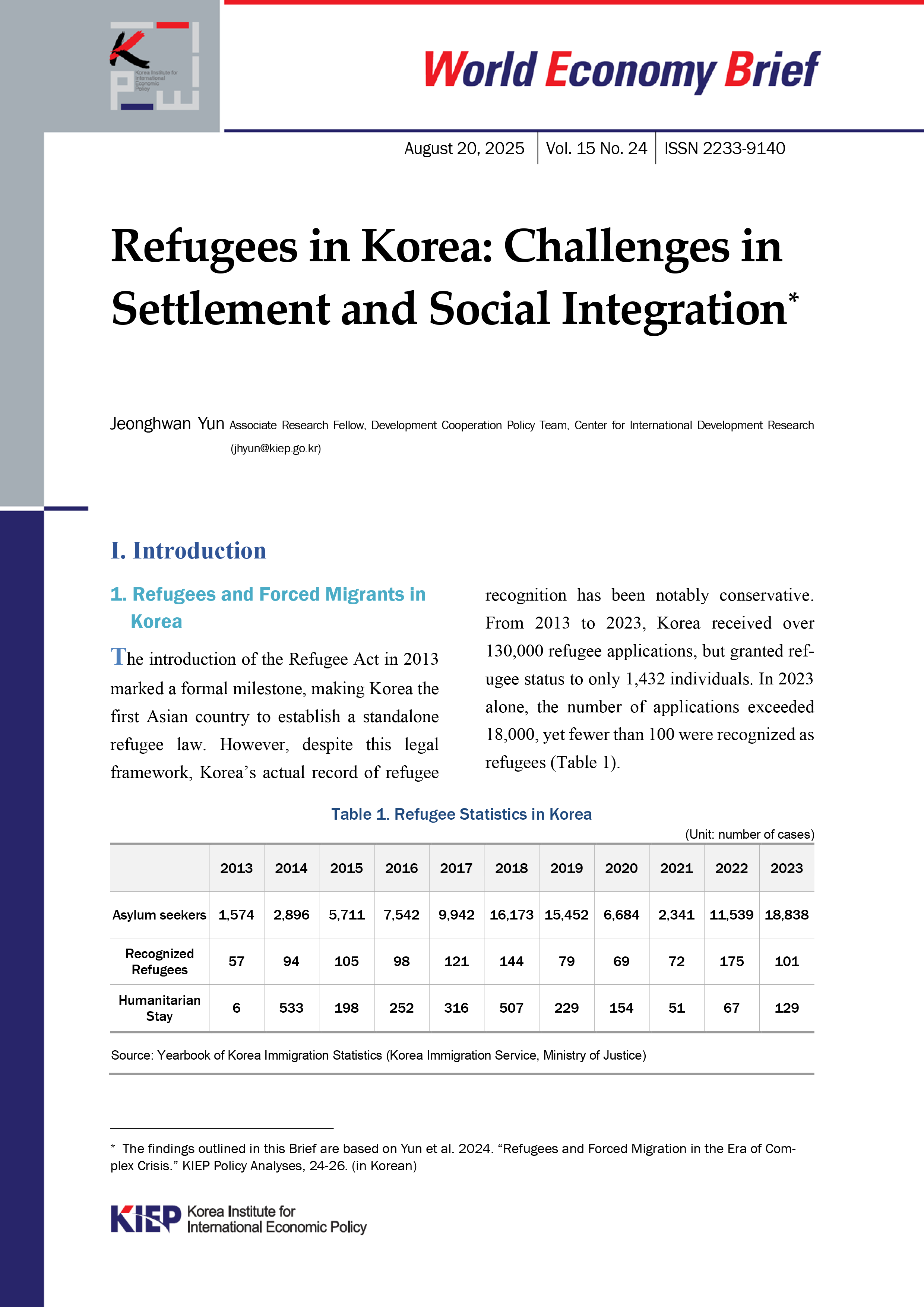 Refugees in Korea: Challenges in Settlement and Social Integration
